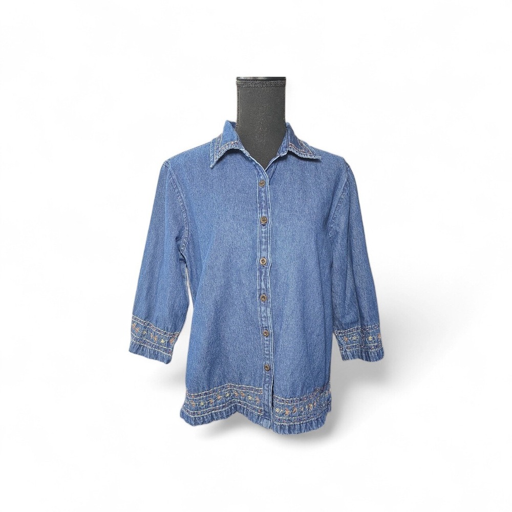 Erika Womens Denim Button Down Shirt Blue Embroidered Beaded Cottagecore Size L
